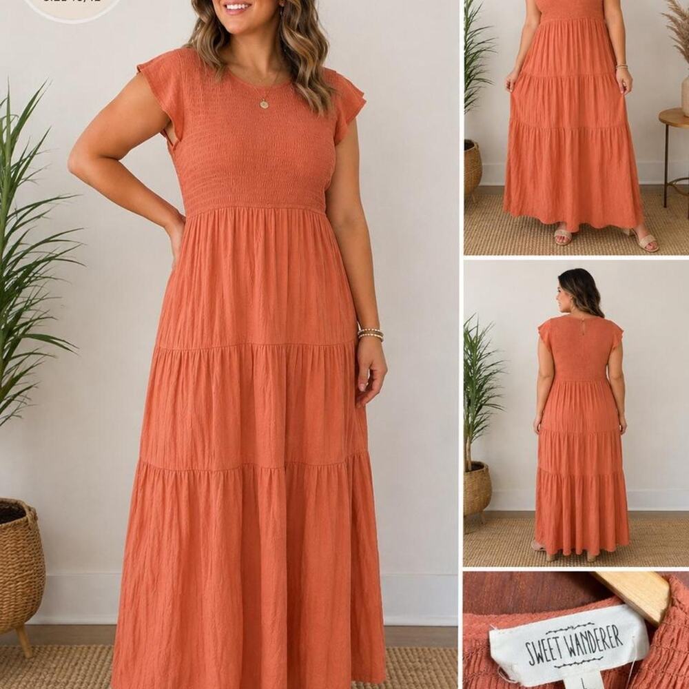 Sweet Wanderer Rust Terracotta Maxi Dress Size L Cottagecore Boho Prairie